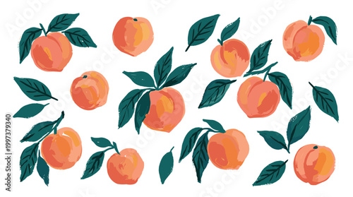 Vibrant hand-drawn illustration of ripe peaches with green leaves on a white background, perfect for summer themes and healthy eating concepts