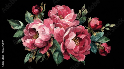 Elegant bouquet of vibrant pink peonies is showcased against a deep black background.