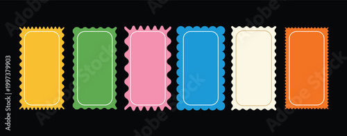 A collection of rectangle frames with wavy edges. zigzag wavy edges, retro squiggle frames, psychedelic rectangles, photo frames, text boxes, tags, labels. Set of zigzag and colorful shapes.