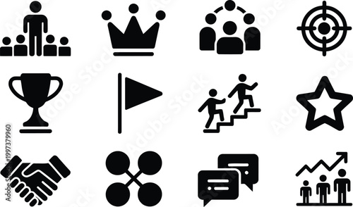 Collection of business leadership icons featuring team building communication growth charts and career advancement target symbols