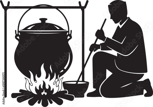 Man stirring large pot over open flame fire flames cooking