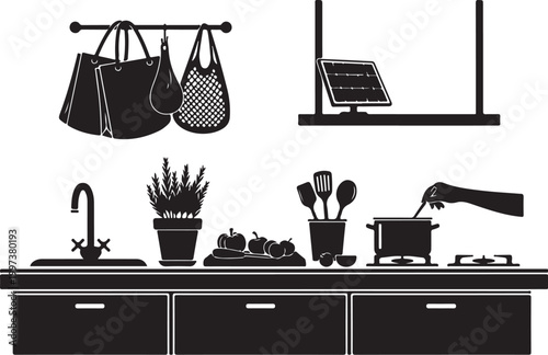 Kitchen counter with cooking utensils and hand stirring pot