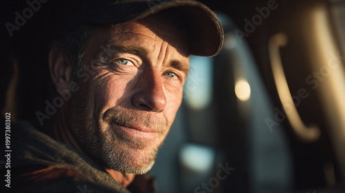 Middle-aged truck driver in cap looks thoughtful with sunlight on face heavy duty semi truck