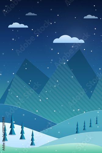 Snowfall Illustration Snow Background with Striped Mountains and Small Trees