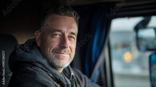 Man with grey hair and beard driving a truck smiling slightly truck driver middle aged