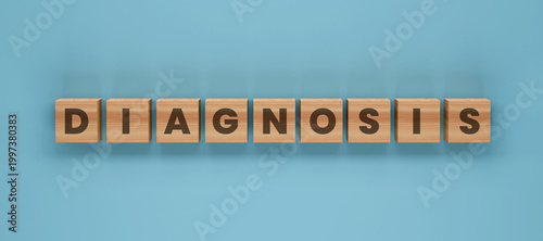 Konstfotografi Diagnosis Written in Block Letters: The word diagnosis spelled out in neat, block letter cubes, arranged in a straight line against a calm blue backdrop, representing medical assessment