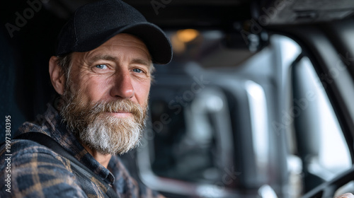 Close-up of a bearded truck driver in his 50s wearing a cap and plaid shirt with middle aged