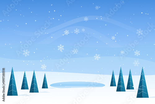 Winter Concept Flat Design Background with a Frozen Pond and Blue Pine Trees