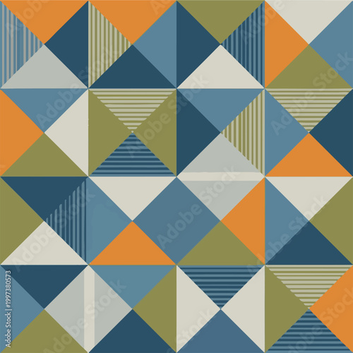 Abstract geometric seamless pattern featuring colorful triangles and clean line textures arranged in a balanced and modern artistic style