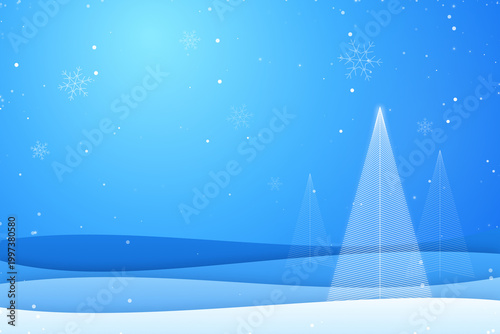 Elegant Blue Christmas Scene Background with Linear Glowing Pine Trees and Snowflakes