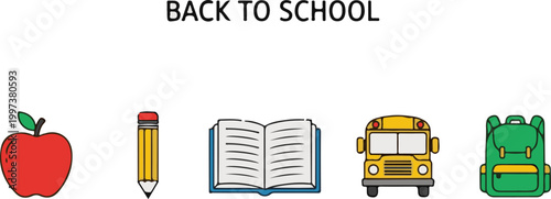 Colorful back to school icon set featuring a red apple pencil open book school bus and green backpack vector