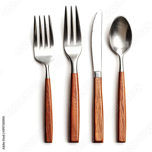 A set of four wooden handled stainless steel eating utensils on white background