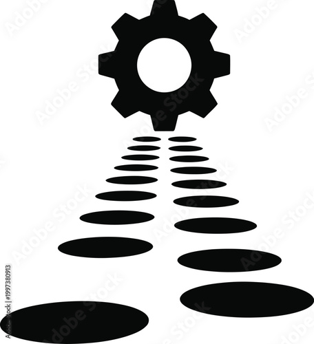 Black silhouette of a gear above a perspective path of elliptical steps leading towards it, symbolizing a journey towards mechanical solutions or industrial processes keywords: gear, cogwheel
