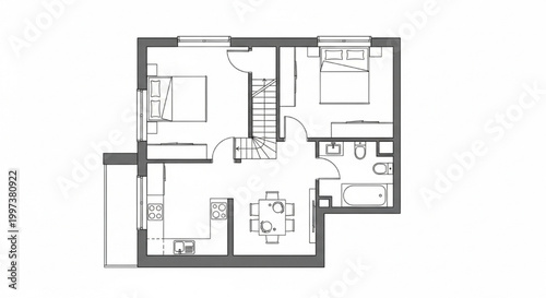 Two Bedroom Apartment Floor Plan with Central Stair Core, Open Kitchen Dining and Full Bathroom CAD Layout