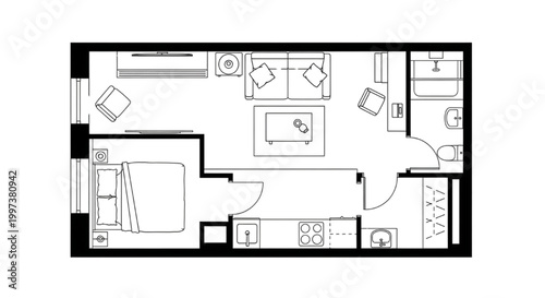 Compact One Bedroom Apartment Floor Plan with Open Living Area, Linear Kitchen and Furnished Interior CAD Layout