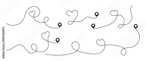 Simple route map icon with location pin. Route dash line with location pin. Hand drawn curve dotted line vector set.	