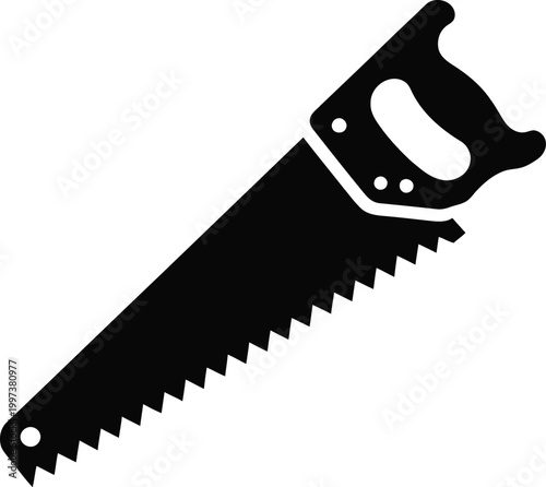 Black silhouette of a hand saw with a serrated blade and a handle with finger grips, symbolizing carpentry, woodworking, and cutting on a white background, keywords: hand saw, saw blade