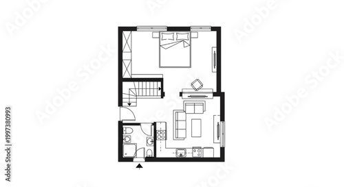 Compact Loft Apartment Floor Plan with Internal Staircase, Open Living Area and Upper Bedroom Layout CAD Drawing