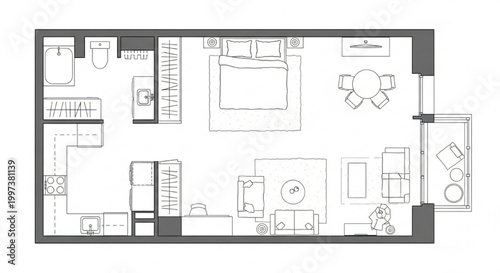 Compact Furnished Studio Apartment Floor Plan with Balcony, Open Kitchen and Integrated Living Layout