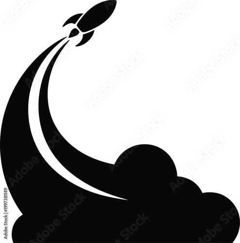 Black silhouette of a retro-style rocket ascending with a trail of smoke and exhaust against a white background, symbolizing launch, space exploration, and progress