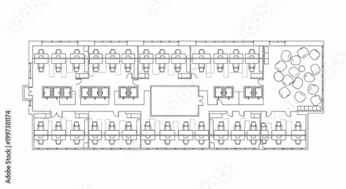 Large Open Plan Office Floor Layout with Workstations, Meeting Rooms and Lounge Zone CAD Plan View