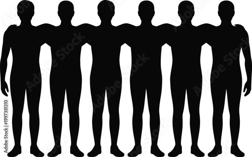 Black silhouette of seven men standing side-by-side with arms around each other's shoulders, representing unity, brotherhood, teamwork, and solidarity on a white background