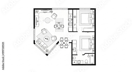 Irregular Two Bedroom Apartment Floor Plan with Angled Living Area, Open Kitchen and Furnished Interior CAD Layout