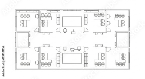 Modular Office Floor Plan with Private Cabins, Conference Rooms and Central Training Hall CAD Layout