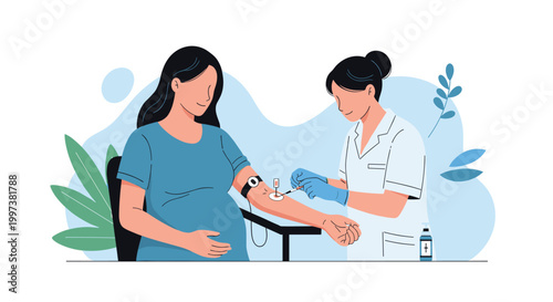 Female nurse or lab technician taking blood sample from pregnant woman in clinic for prenatal medical diagnostic tests and health care.