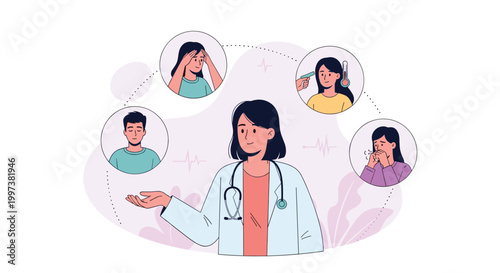 Female doctor in white coat explaining various symptoms like fever and cough shown in circular icons background for medical advice.