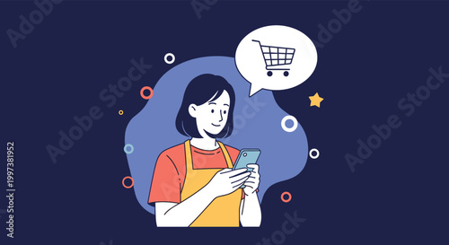 Happy woman in apron using smartphone for online grocery shopping with shopping cart icon in speech bubble for ecommerce service.