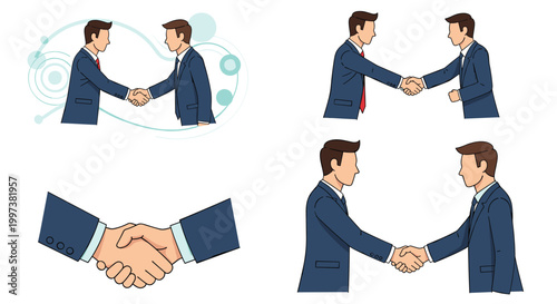 Set of various business handshake illustrations between professional men in suits to represent agreement, partnership, and trust.