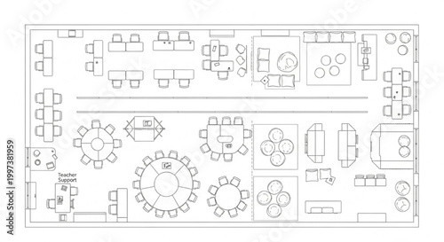 Flexible Classroom Floor Plan with Modular Group Seating, Teacher Support Zone and Collaborative Layout CAD Drawing