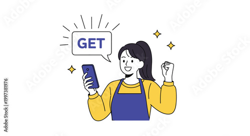 Excited woman in apron holding smartphone with get notification speech bubble to receive a discount, special offer, or coupon.