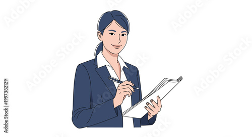 Confident professional businesswoman wearing a blue blazer suit holding a pen and documents for meeting or report preparation.