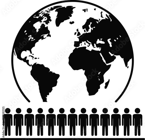 Row of black silhouette human figures standing in front of a large black silhouette of the earth globe, illustrating global population, demographics, and humanity's presence on the planet keywords