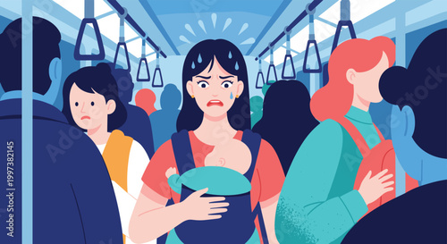 Stressed mother carrying her baby in a carrier while standing in a crowded public transportation bus or subway train.