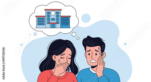 Anxious young couple looking worried while thinking about a clinic or hospital building for medical emergency or health checkup.