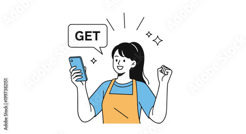 Excited woman in an apron using her smartphone to receive a special offer or reward with a get icon in speech bubble.