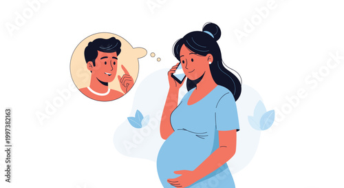 Pregnant woman in a blue dress talking on a mobile phone while thinking about her husband or partner during the day.
