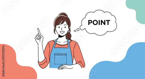 Smiling woman in an orange apron pointing her finger upwards with a thought bubble containing the word point for advice.