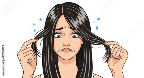 Young woman looking stressed and worried while touching her long black hair to check for grease or damage issues.