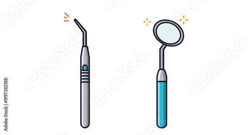 Set of professional dental tools including a probe and a mouth mirror for tooth examination and dental hygiene care.