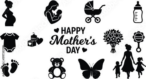 Happy Mother's Day Vector Elements with Mom Cradling Baby and Toddler Silhouettes