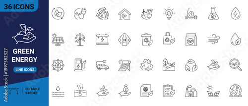 Clean set of thirty-six green energy icons