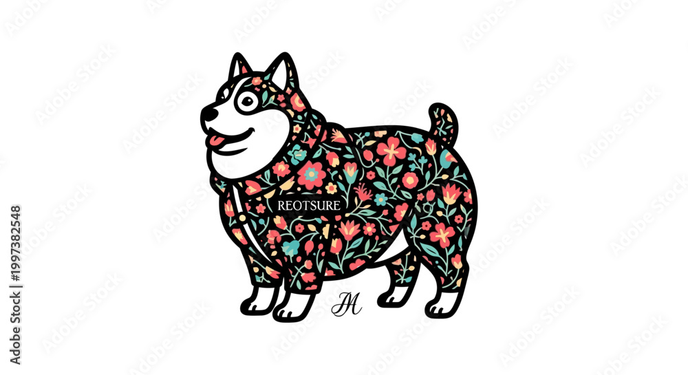 Fototapeta premium Artistic depiction of a happy Husky dog with floral pattern design.
