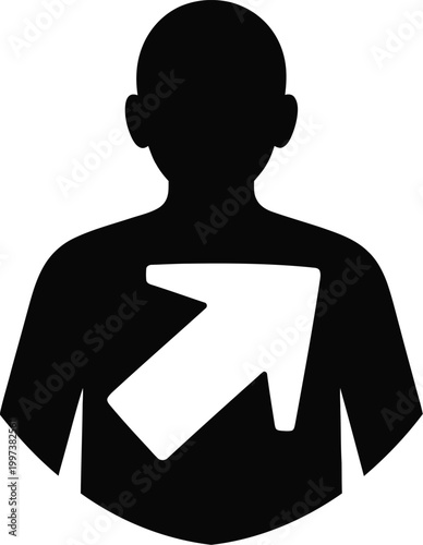 A black silhouette of a person's upper body with a large white arrow pointing upwards and to the right within the chest area, symbolizing personal growth, direction, progress, and forward