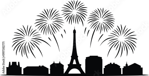 A vibrant black silhouette of the eiffel tower and a parisian cityscape, adorned with multiple fireworks exploding in the night sky against a clean white background, celebrating a grand event or