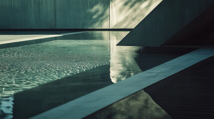 Water pool reflecting abstract light and modern architecture
