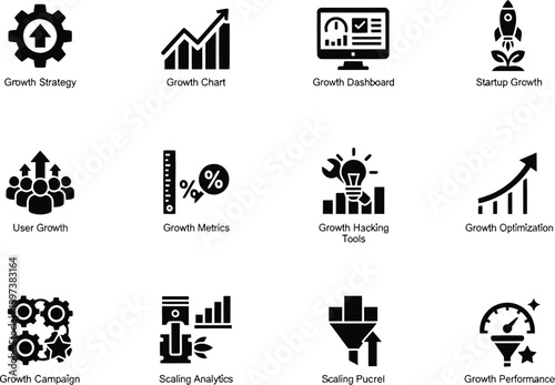 Professional collection of business growth strategy and data analytics icons for corporate performance tracking and development